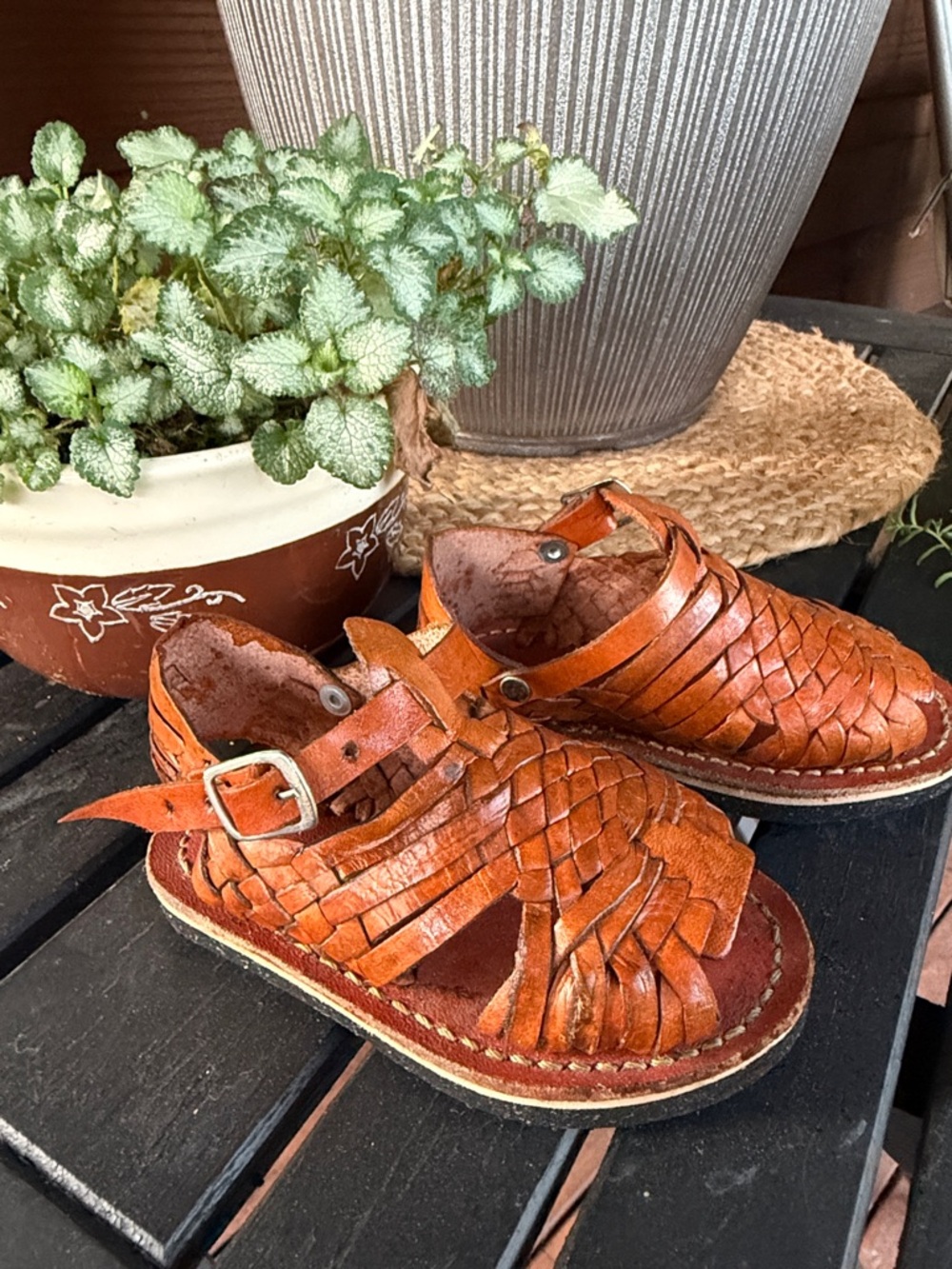Toddler size 3 Mexican  Handwoven Leather Huarache Sandals - Cognac Brown,